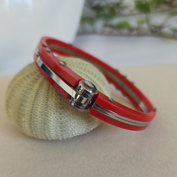 Unique Red Acrylic and Silver Stainless Steel Handcuff Style Bracelet - Picture 1 of 12